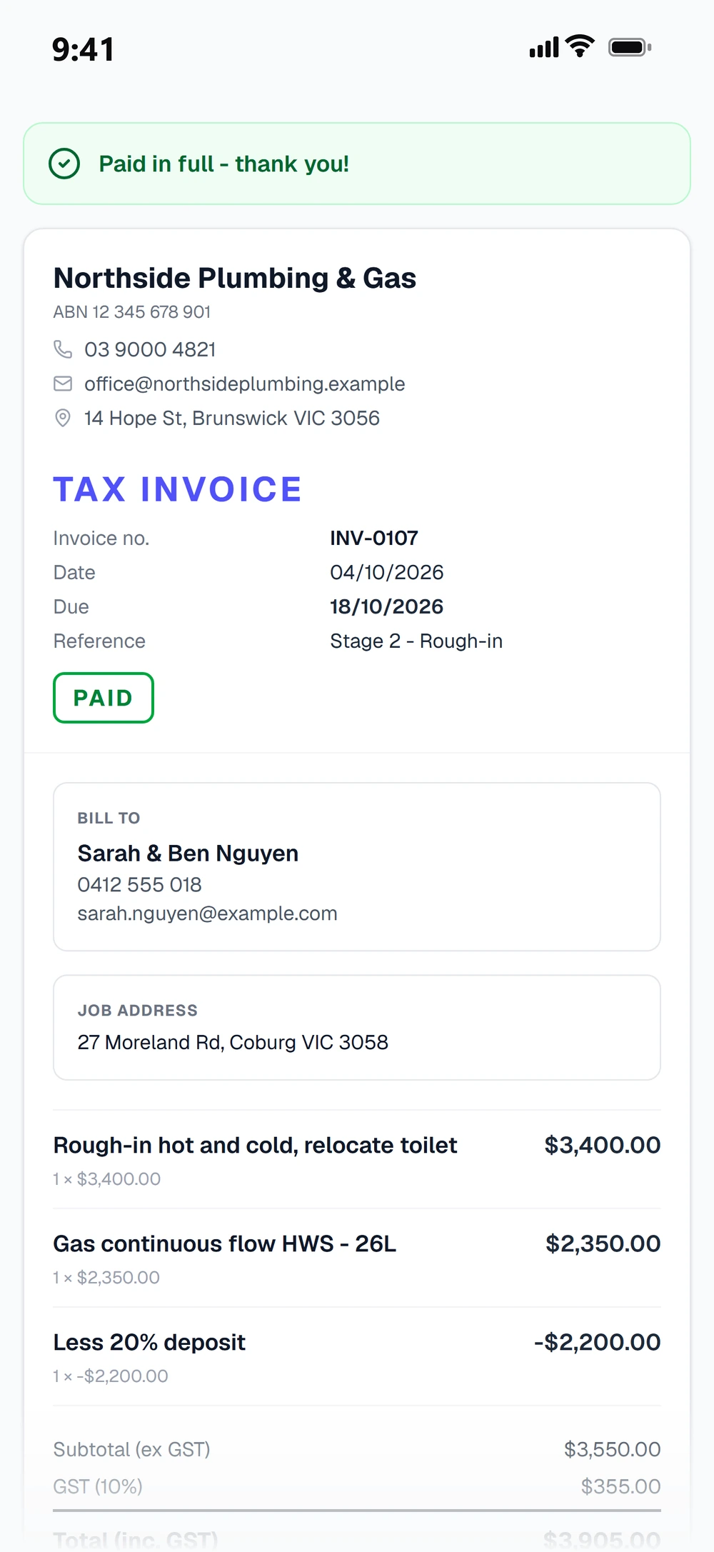 A paid TradePal invoice