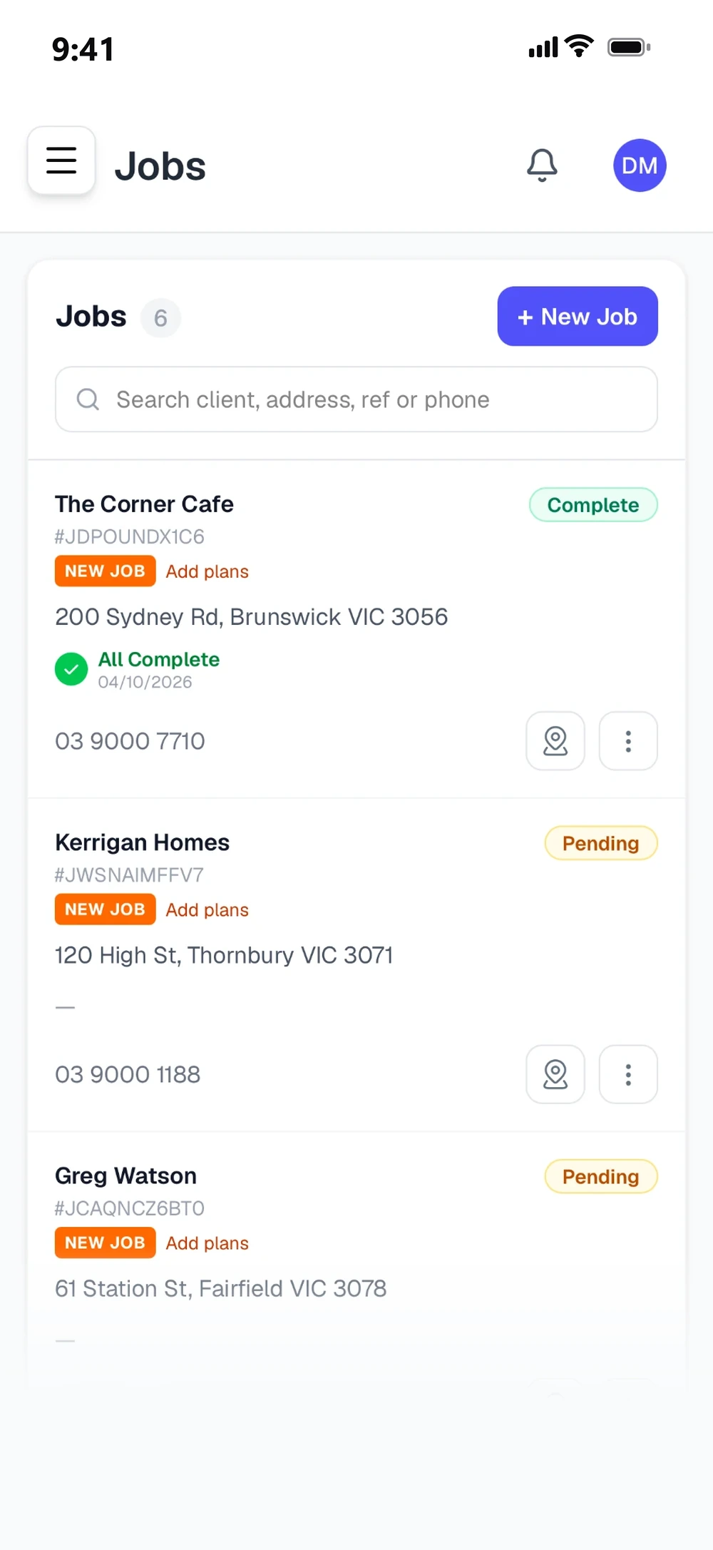 The jobs list with each job's status