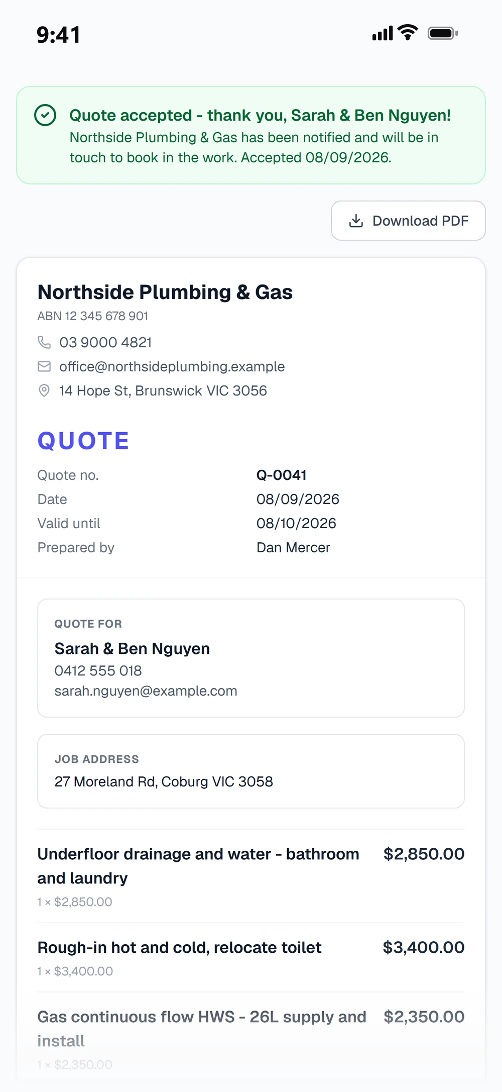 A TradePal quote ready for the client to accept